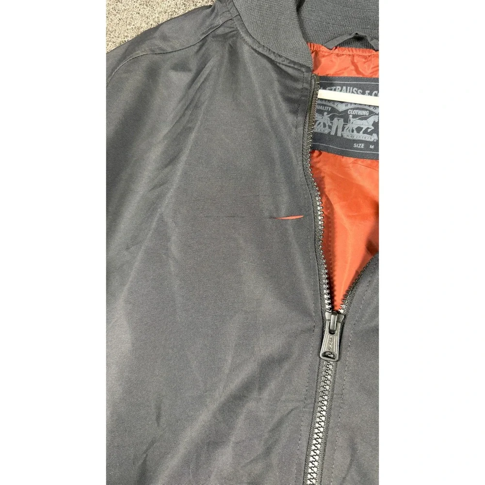 Levis Mens Bomber Jacket Gray Orange Lining Full Zip Flight Coat w/ Flaw